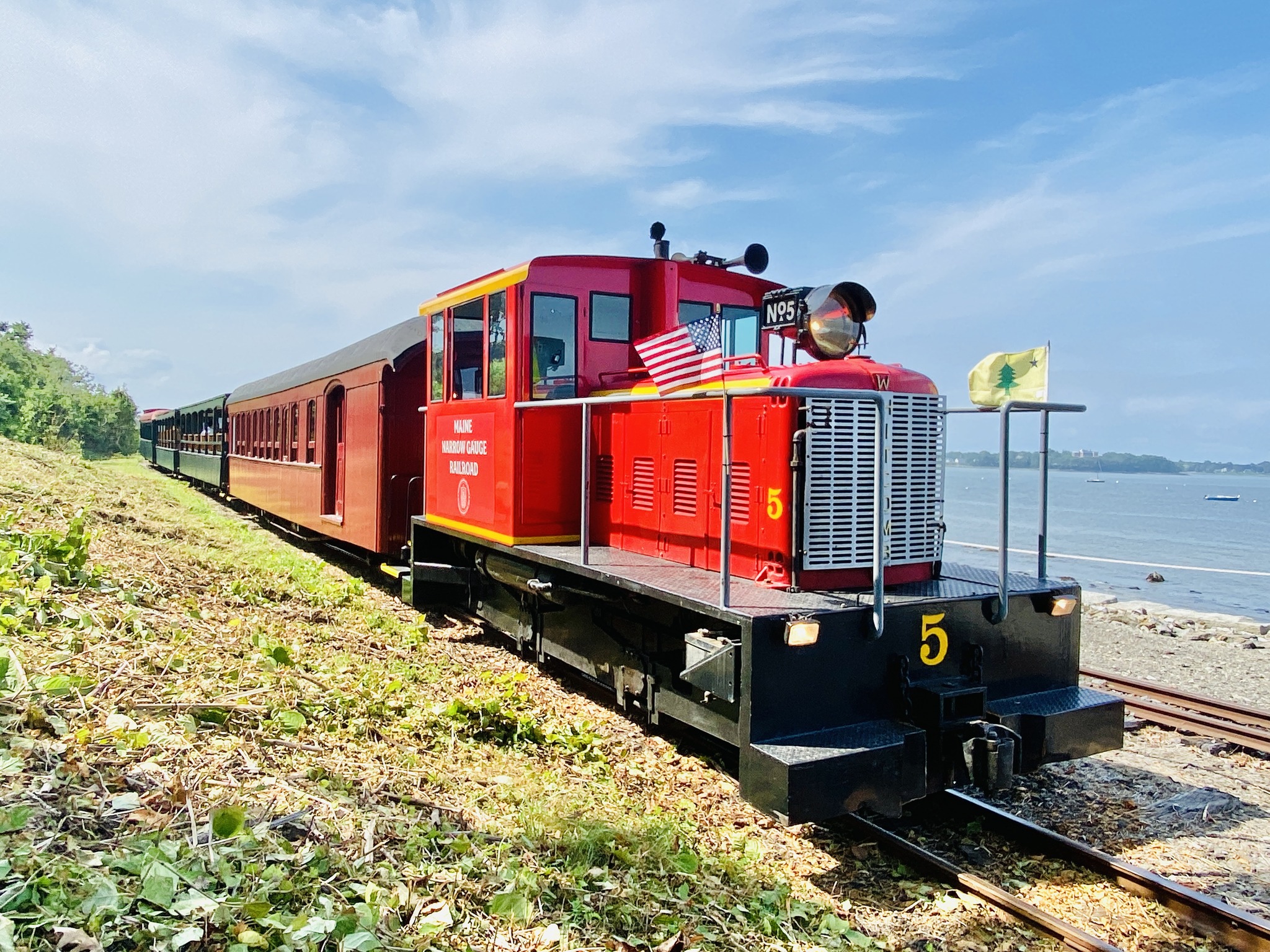 Portland, Maine's, Narrow Gauge Railroad train offers scenic rides along Casco Bay.