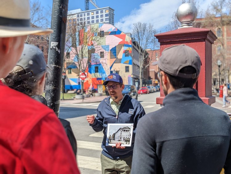 Dugan Murphy leads a walking tour in Portland, Maine, highlighting the nefarious history of Maine's largest city.